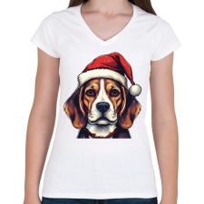 PRINTFASHION Beagle mikulás sapkában - Női V-nyakú póló - Fehér női póló