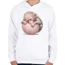 PRINTFASHION Bébi majom egy pink labdával - Gyerek kapucnis pulóver - Fehér gyerek pulóver, kardigán