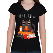 PRINTFASHION Benti cica - Női V-nyakú póló - Fekete női póló