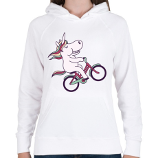 PRINTFASHION Biciklis unikornis - Női kapucnis pulóver - Fehér