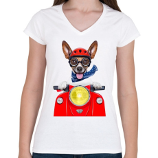 PRINTFASHION Biker Dog - Női V-nyakú póló - Fehér