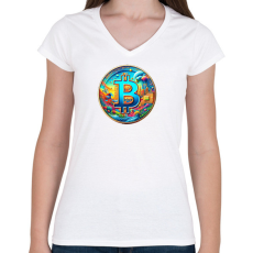 PRINTFASHION Bitcoin - Női V-nyakú póló - Fehér
