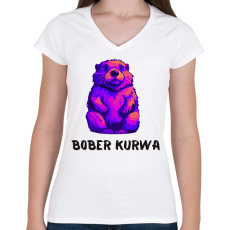 PRINTFASHION Bober kurwa - Női V-nyakú póló - Fehér