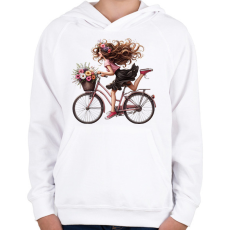PRINTFASHION Boldog biciklis lány - Gyerek kapucnis pulóver - Fehér