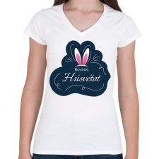 PRINTFASHION Boldog Húsvétot - Nyuszifüllel - Női V-nyakú póló - Fehér női póló