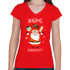 PRINTFASHION Boldog Karácsonyt - Női V-nyakú póló - Piros