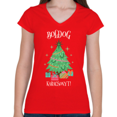 PRINTFASHION Boldog Karácsonyt - Női V-nyakú póló - Piros
