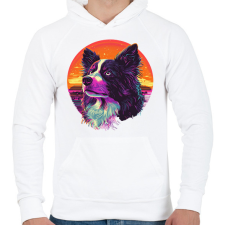 PRINTFASHION Border Collie Synthwave - Férfi kapucnis pulóver - Fehér férfi pulóver, kardigán