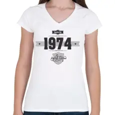 PRINTFASHION born-in-1974-(dark&lightgrey) - Női V-nyakú póló - Fehér