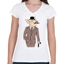 PRINTFASHION British style Pig - Női V-nyakú póló - Fehér női póló