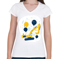 PRINTFASHION Buldózer - Női V-nyakú póló - Fehér női póló