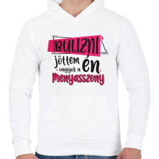 PRINTFASHION Bulizni jöttem én vagyok a menyasszony - Férfi kapucnis pulóver - Fehér