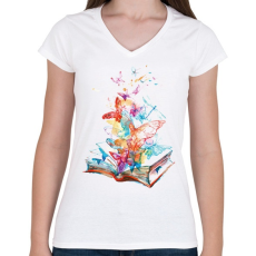 PRINTFASHION Butterfly Book - Női V-nyakú póló - Fehér