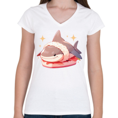 PRINTFASHION Cápa sushi - Női V-nyakú póló - Fehér