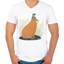 PRINTFASHION Capybara és béka - Férfi V-nyakú póló - Fehér férfi póló