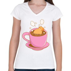 PRINTFASHION Capybara kávéban - Női V-nyakú póló - Fehér