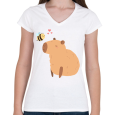 PRINTFASHION Capybara méhecskével - Női V-nyakú póló - Fehér