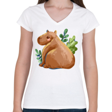PRINTFASHION Capybara popsi - Női V-nyakú póló - Fehér