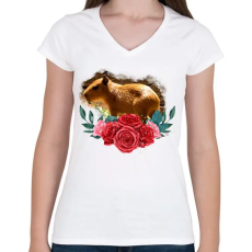PRINTFASHION Capybara rózsával - Női V-nyakú póló - Fehér