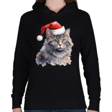 PRINTFASHION CAT WINTER 12 - Női kapucnis pulóver - Fekete női pulóver, kardigán