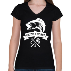 PRINTFASHION Catch and Roast fehér - Női V-nyakú póló - Fekete