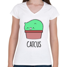 PRINTFASHION Catcus - Női V-nyakú póló - Fehér