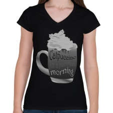 PRINTFASHION catpuccinoBW - Női V-nyakú póló - Fekete női póló