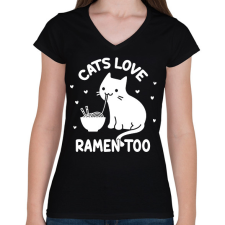 PRINTFASHION Cats love ramen too - Női V-nyakú póló - Fekete női póló
