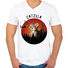 PRINTFASHION Catzilla - Férfi V-nyakú póló - Fehér férfi póló