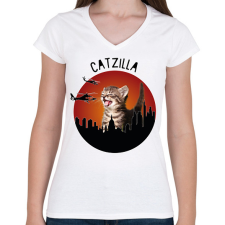 PRINTFASHION Catzilla - Női V-nyakú póló - Fehér női póló