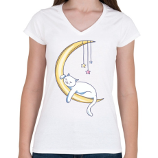 PRINTFASHION Cica a holdon alszik mese - Női V-nyakú póló - Fehér
