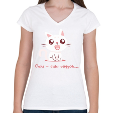 PRINTFASHION Cica cuki vagyok  - Női V-nyakú póló - Fehér női póló