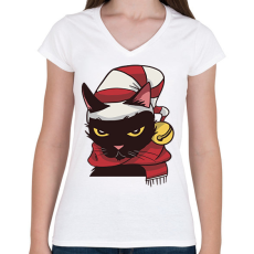 PRINTFASHION Cica karácsonyi sapka sál - Női V-nyakú póló - Fehér