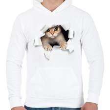 PRINTFASHION Cica kitőr - Férfi kapucnis pulóver - Fehér férfi pulóver, kardigán