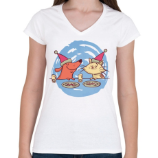 PRINTFASHION Cica kutya barátok  - Női V-nyakú póló - Fehér
