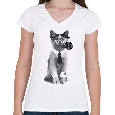 PRINTFASHION Cica öltönyben - Női V-nyakú póló - Fehér női póló