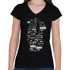 PRINTFASHION cica többnyelven - Női V-nyakú póló - Fekete