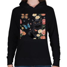 PRINTFASHION cica virágokkal és pillangókkal - Női kapucnis pulóver - Fekete női pulóver, kardigán