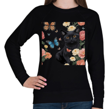 PRINTFASHION cica virágokkal és pillangókkal - Női pulóver - Fekete női pulóver, kardigán