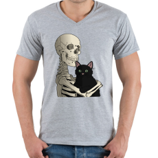 PRINTFASHION Cicás leszek amíg élek (fekete cicával) - Férfi V-nyakú póló - Sport szürke