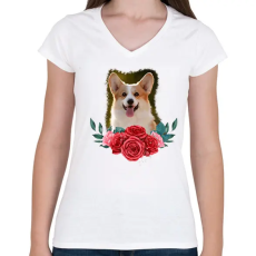PRINTFASHION Corgi virággal - Női V-nyakú póló - Fehér