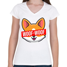 PRINTFASHION Corgi Woof-Woof - Női V-nyakú póló - Fehér női póló