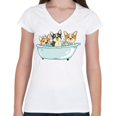 PRINTFASHION Corgik a kádban - Női V-nyakú póló - Fehér