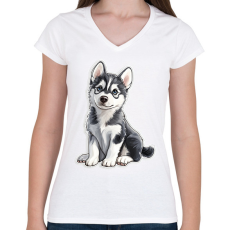 PRINTFASHION Cuki Husky Kölyök - Női V-nyakú póló - Fehér