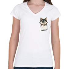 PRINTFASHION Cuki Husky Zsebben - Női V-nyakú póló - Fehér női póló