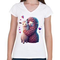 PRINTFASHION Cuki lámás 3D minta - szeretet / szerelem / barát / Valentin nap - Női V-nyakú póló - Fehér