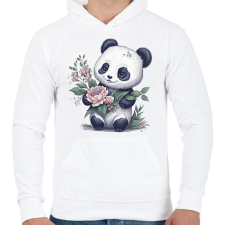 PRINTFASHION Cuki panda virágokkal - Férfi kapucnis pulóver - Fehér férfi pulóver, kardigán