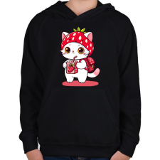PRINTFASHION Cuki szamóca cica - Gyerek kapucnis pulóver - Fekete gyerek pulóver, kardigán
