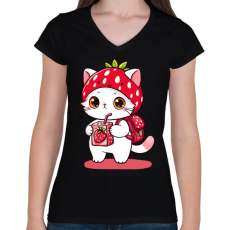 PRINTFASHION Cuki szamóca cica - Női V-nyakú póló - Fekete