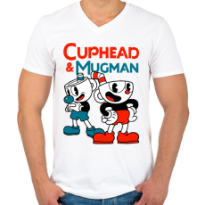 PRINTFASHION Cuphead & Mugman - Férfi V-nyakú póló - Fehér